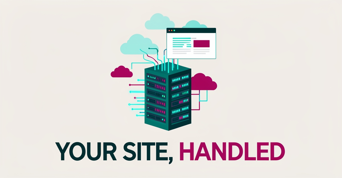 Flat illustration of a server rack transforming into a website window with teal and magenta accents, headline reading Your Site, Handled.