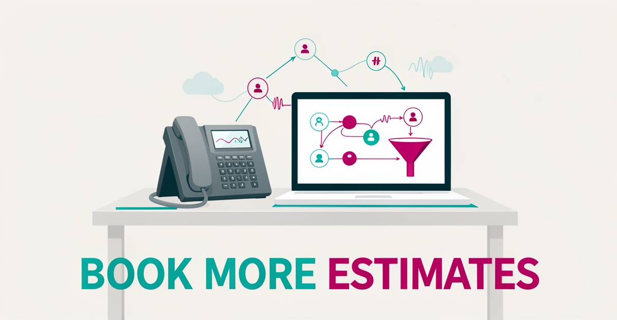 Flat illustration of a VoIP phone system and lead funnel with teal and magenta accents, headlined Book More Estimates.