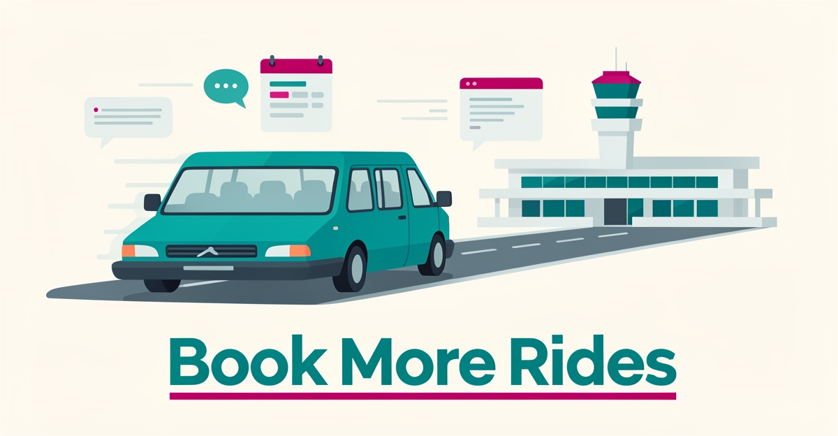 Flat illustration of an airport shuttle van with booking and chat interface icons, teal and magenta accents, headline reading Book More Rides.