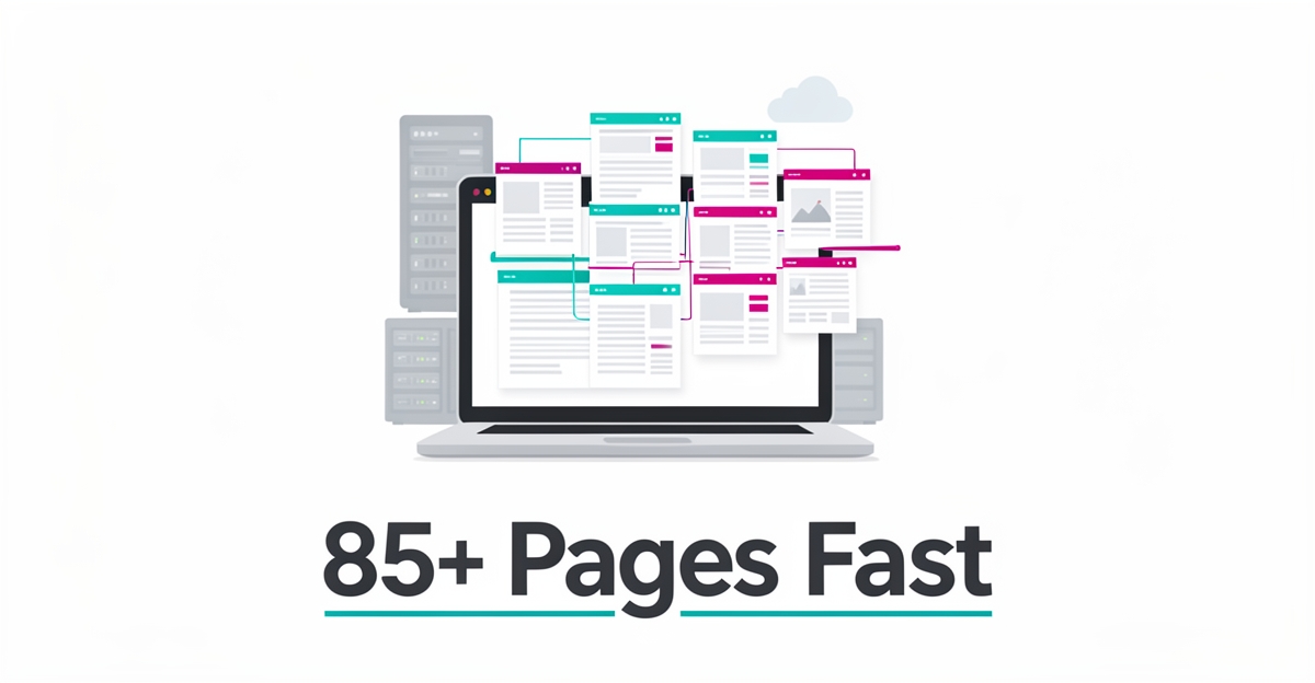 Flat illustration of a laptop generating multiple website page wireframes with server icons, accented in teal and magenta, headlined 85+ Pages Fast.