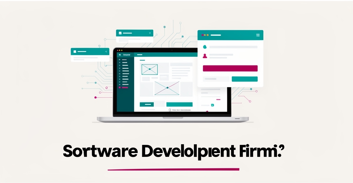 Flat illustration of a laptop with website wireframe, code editor, and AI-powered lead capture UI cards in teal and magenta accents with headline Websites That Work.