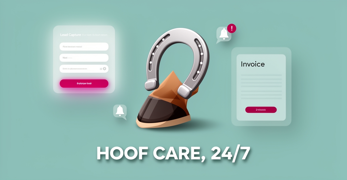 Flat illustration of a horseshoe on a horse hoof beside digital lead capture and invoice icons, symbolizing farrier business growth.