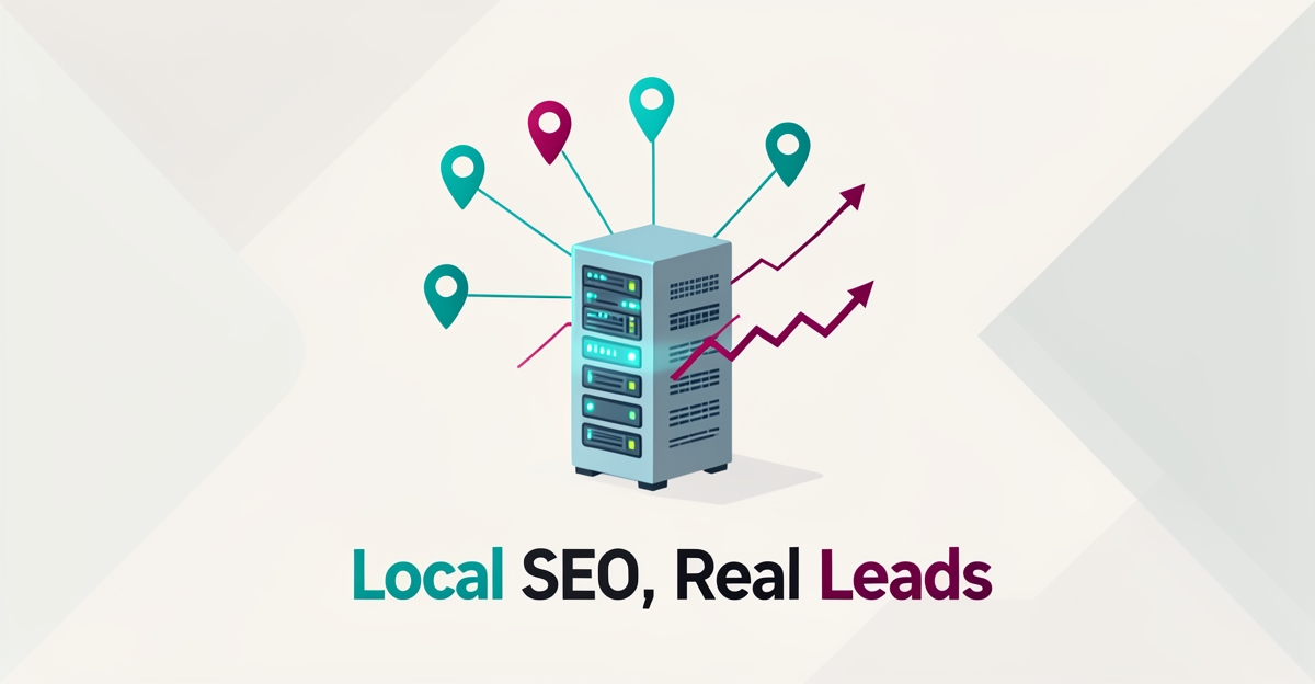 Flat illustration of a server tower linked to location pins and a rising graph, showing local SEO boosting hosting leads.