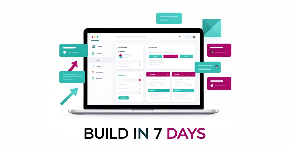Flat illustration of a laptop with a software development dashboard in teal and magenta, headline reading Build in 7 Days.