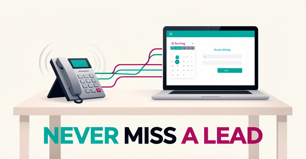 Flat illustration of a VoIP desk phone connected to a laptop showing a booking calendar, with the headline Never Miss a Lead.