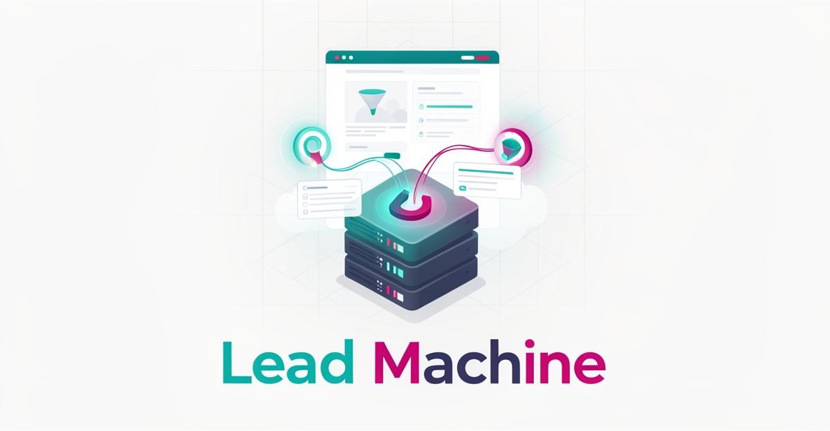 Flat illustration of a website mockup connected to cloud servers and a lead funnel in teal and magenta, headlined Lead Machine.