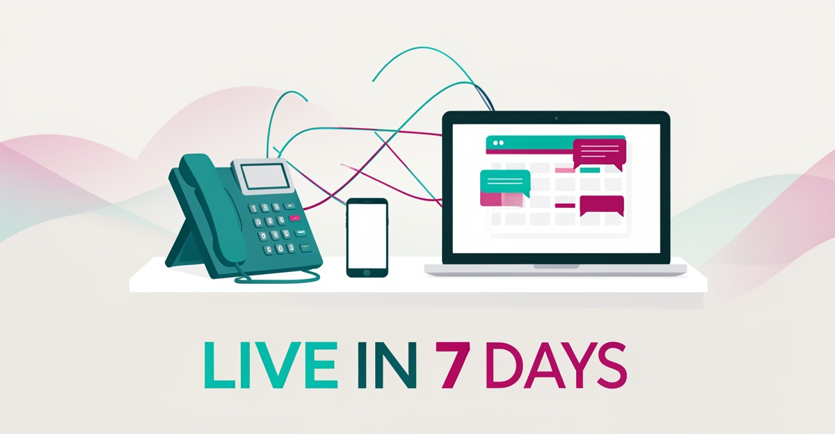 Flat illustration of VoIP phone, laptop and smartphone connected by network lines with a headline reading Live in 7 Days.