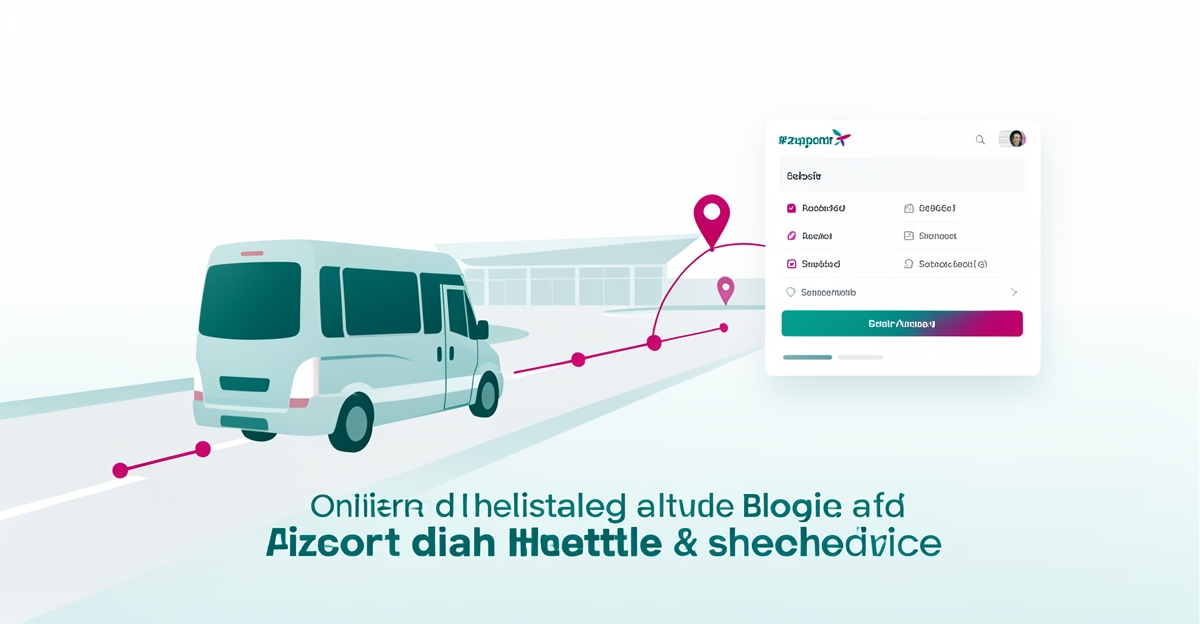 Flat illustration of an airport shuttle van near a terminal with booking interface accents in teal and magenta, headline reading Book More Rides.
