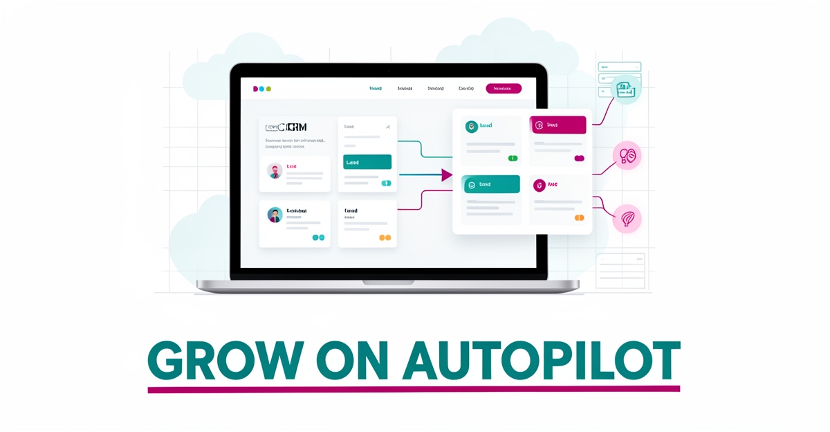 Flat illustration of a website and CRM dashboard connected by automation flows, with the headline Grow on Autopilot in the lower third.